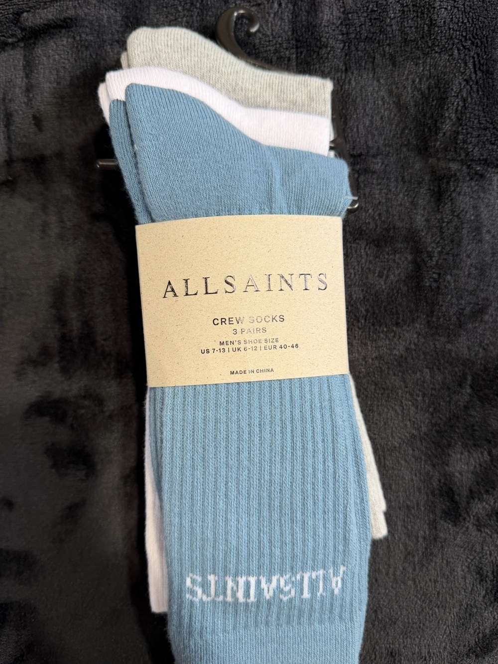All Saints Men’s Crew Socks - Blue, White & Light Gray (3-Pack) Size US 7-13
